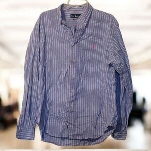 Ralph Lauren 100% Cotton Long Sleeve Striped Blue Pink Polo Horse Shirt Size XL